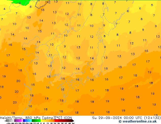 Height/Temp. 850 hPa ICON Su 29.09.2024 00 UTC