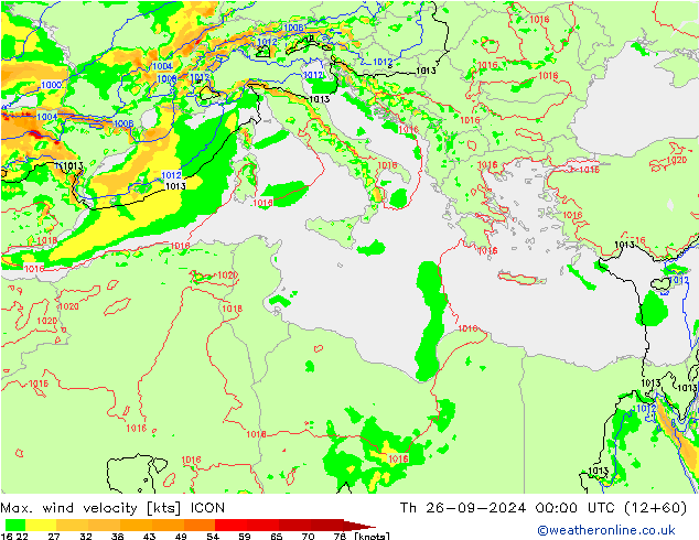 Max. wind velocity ICON gio 26.09.2024 00 UTC