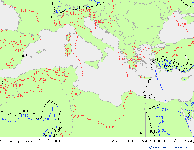 Atmosférický tlak ICON Po 30.09.2024 18 UTC