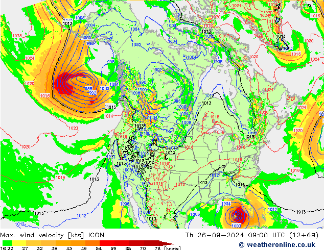 Max. wind velocity ICON чт 26.09.2024 09 UTC