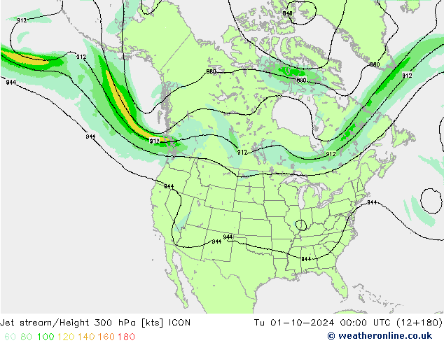 Jet stream/Height 300 hPa ICON Út 01.10.2024 00 UTC