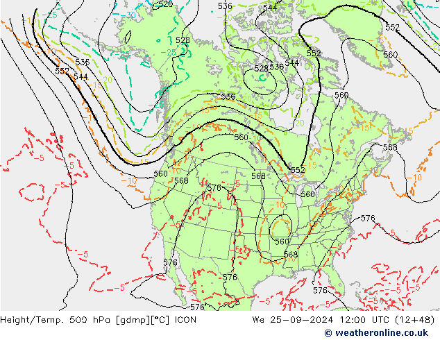 Height/Temp. 500 hPa ICON mer 25.09.2024 12 UTC