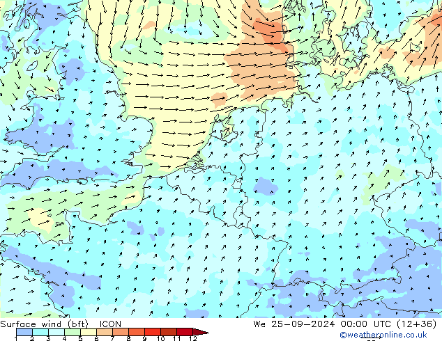Rüzgar 10 m (bft) ICON Çar 25.09.2024 00 UTC
