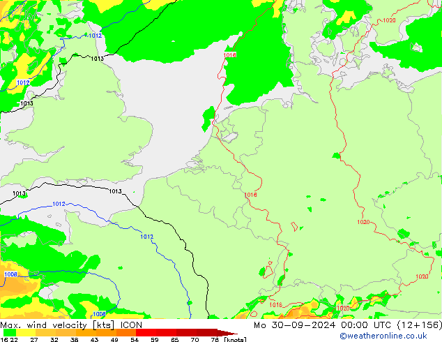 Max. wind velocity ICON пн 30.09.2024 00 UTC