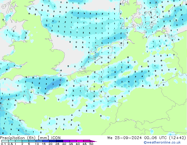 Precipitación (6h) ICON mié 25.09.2024 06 UTC