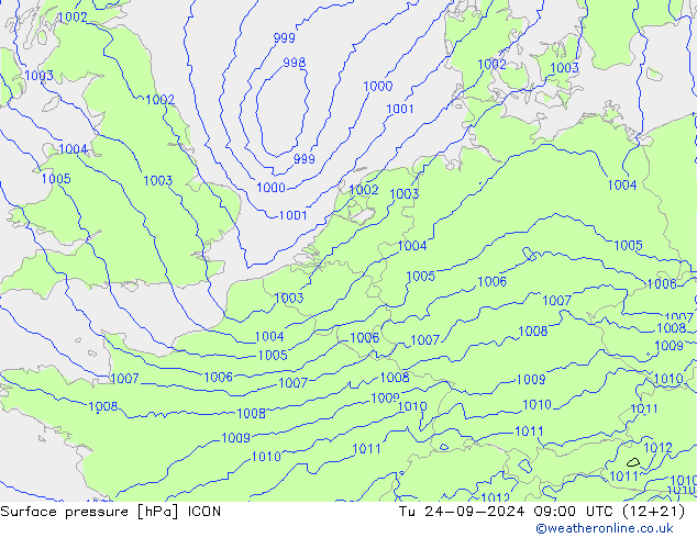 Luchtdruk (Grond) ICON di 24.09.2024 09 UTC