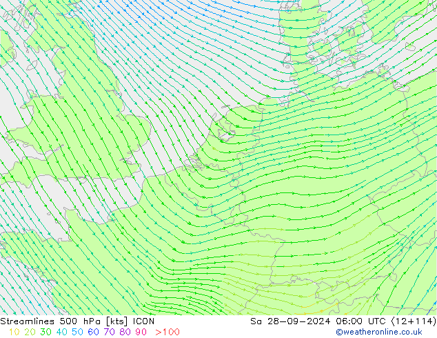 Ligne de courant 500 hPa ICON sam 28.09.2024 06 UTC