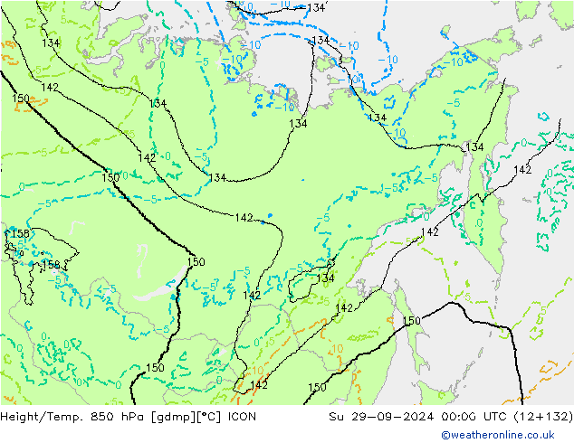 Height/Temp. 850 гПа ICON Вс 29.09.2024 00 UTC