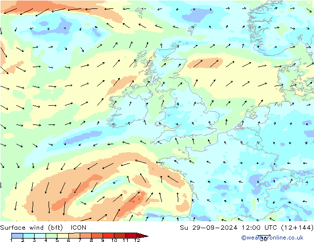 Bodenwind (bft) ICON So 29.09.2024 12 UTC