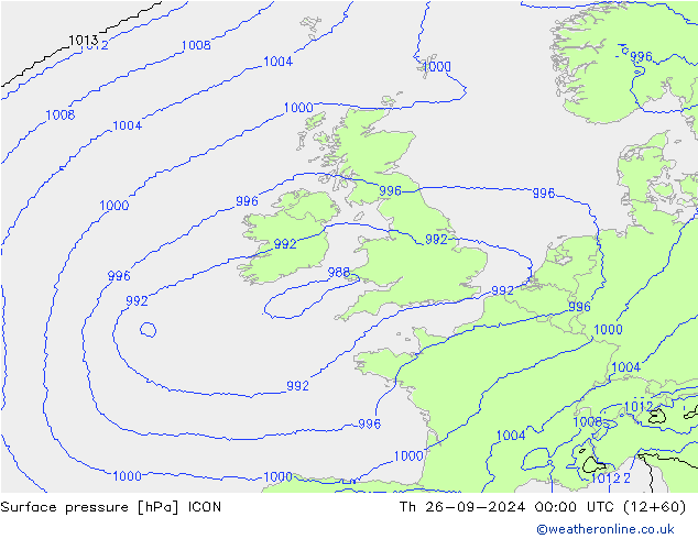 Pressione al suolo ICON gio 26.09.2024 00 UTC