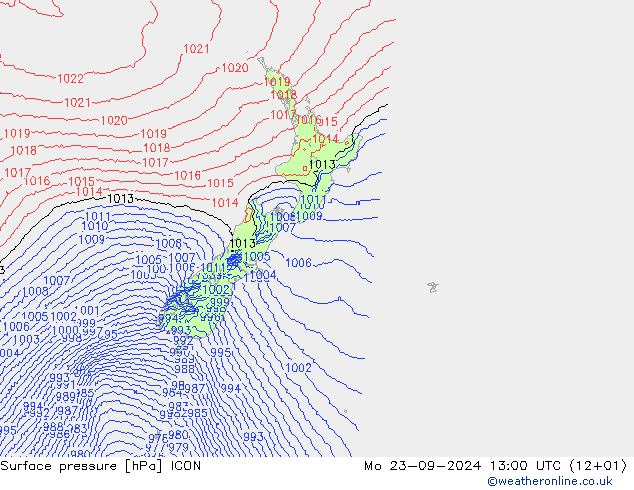 Surface pressure ICON Mo 23.09.2024 13 UTC