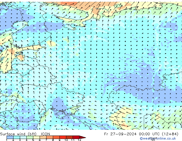 Wind 10 m (bft) ICON vr 27.09.2024 00 UTC