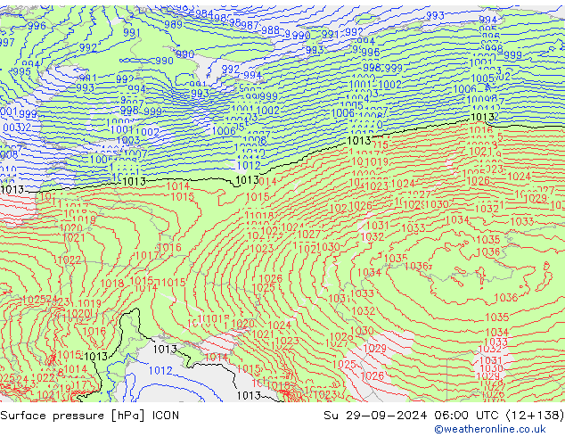 Surface pressure ICON Su 29.09.2024 06 UTC