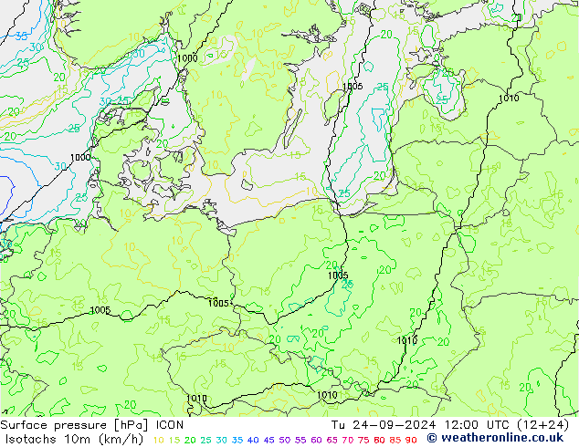 Izotacha (km/godz) ICON wto. 24.09.2024 12 UTC
