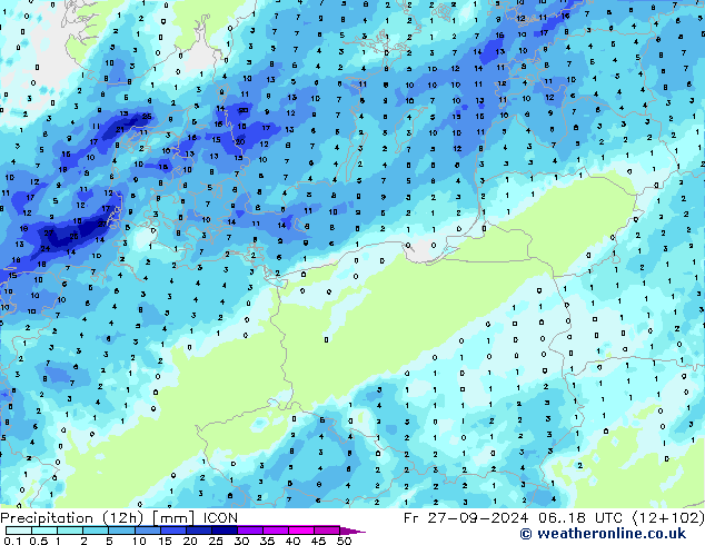 осадки (12h) ICON пт 27.09.2024 18 UTC