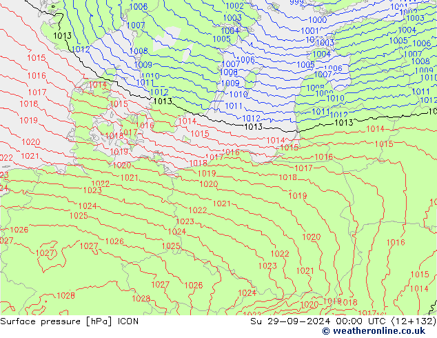 Surface pressure ICON Su 29.09.2024 00 UTC