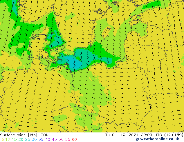 Surface wind ICON Tu 01.10.2024 00 UTC