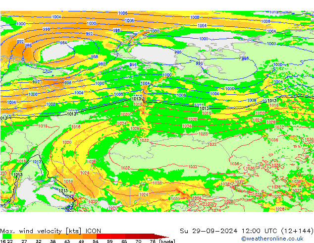 Max. wind velocity ICON Su 29.09.2024 12 UTC