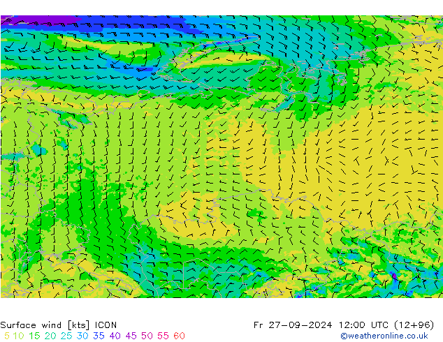 ветер 10 m ICON пт 27.09.2024 12 UTC