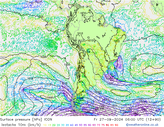 Isotachs (kph) ICON пт 27.09.2024 06 UTC