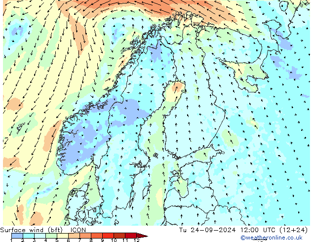 Surface wind (bft) ICON Tu 24.09.2024 12 UTC