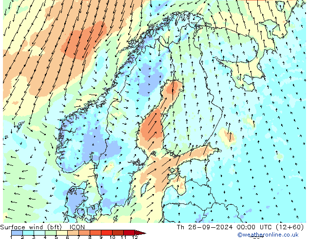 Wind 10 m (bft) ICON do 26.09.2024 00 UTC