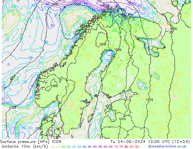 Isotachs (kph) ICON Tu 24.09.2024 12 UTC