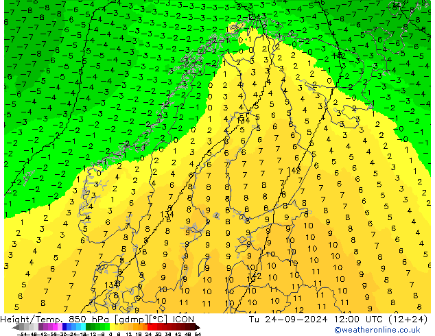 Height/Temp. 850 hPa ICON  24.09.2024 12 UTC