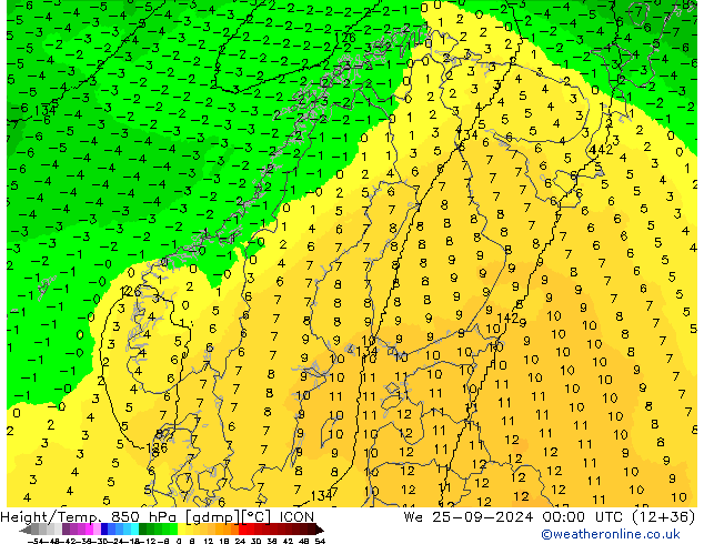 Height/Temp. 850 hPa ICON We 25.09.2024 00 UTC