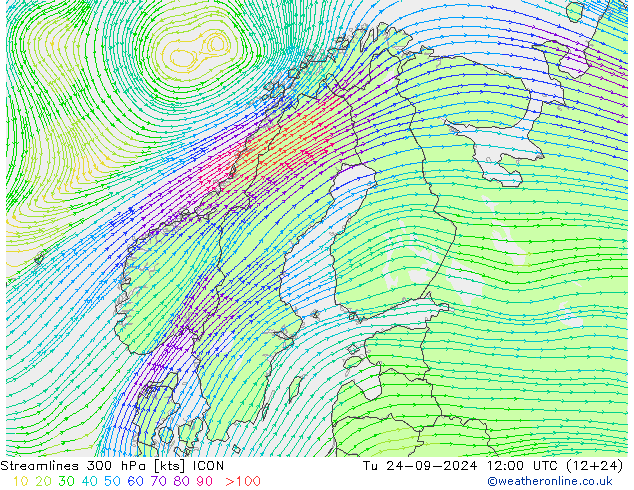 Línea de corriente 300 hPa ICON mar 24.09.2024 12 UTC