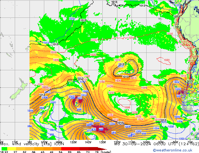 Max. wind velocity ICON Mo 30.09.2024 06 UTC