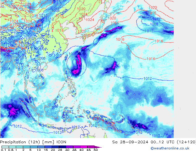 Totale neerslag (12h) ICON za 28.09.2024 12 UTC