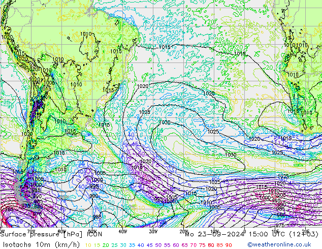 Isotachs (kph) ICON Mo 23.09.2024 15 UTC