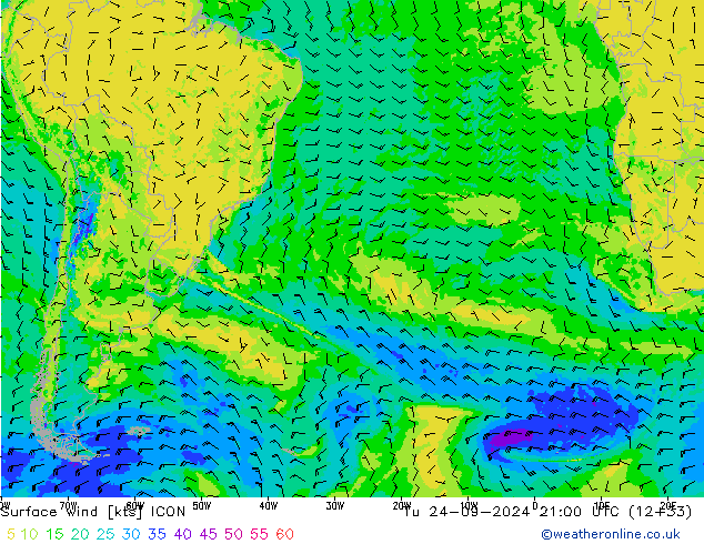 wiatr 10 m ICON wto. 24.09.2024 21 UTC