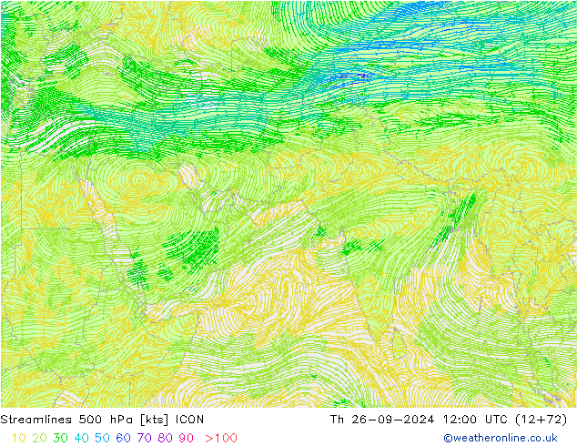 Linia prądu 500 hPa ICON czw. 26.09.2024 12 UTC