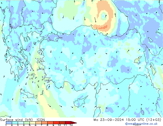 Viento 10 m (bft) ICON lun 23.09.2024 15 UTC