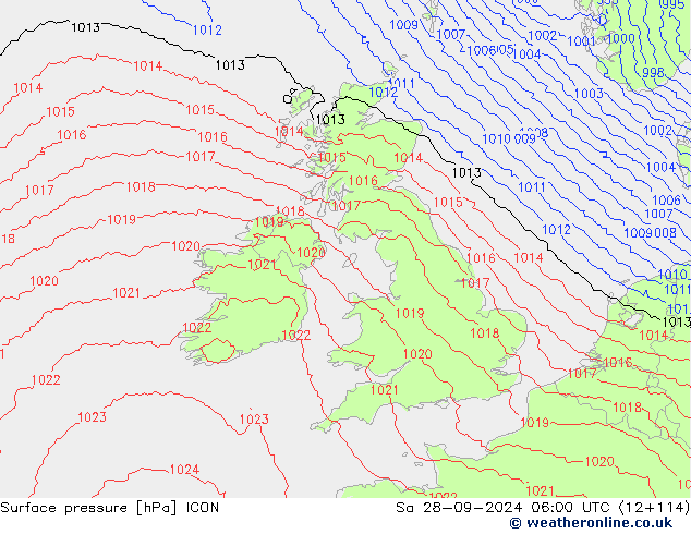 Surface pressure ICON Sa 28.09.2024 06 UTC