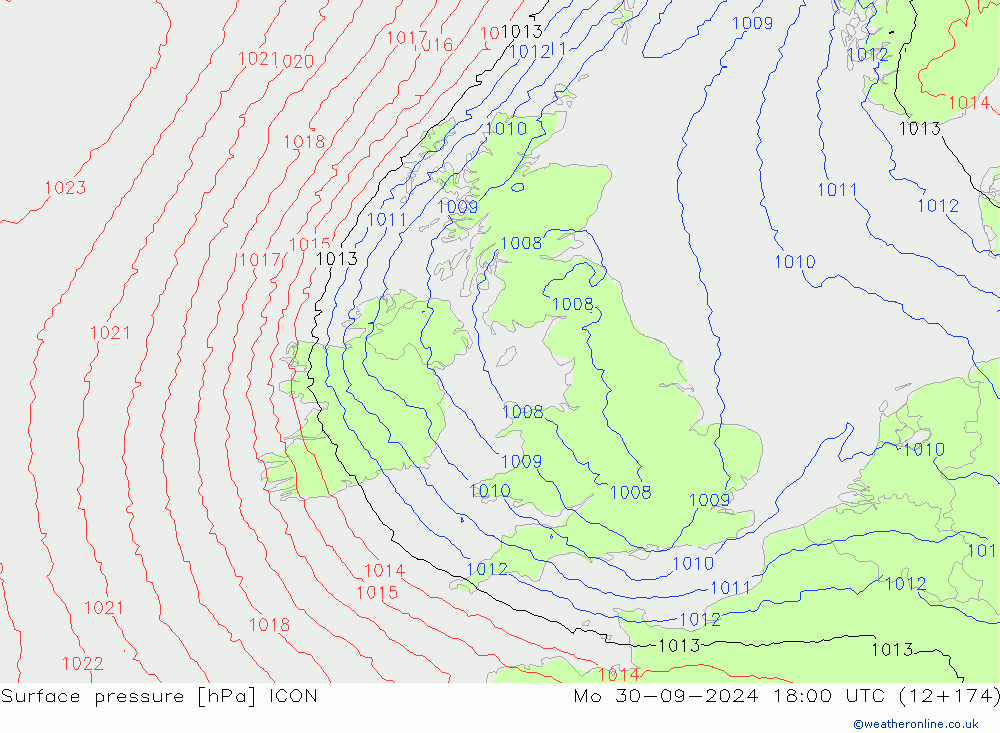 Surface pressure ICON Mo 30.09.2024 18 UTC