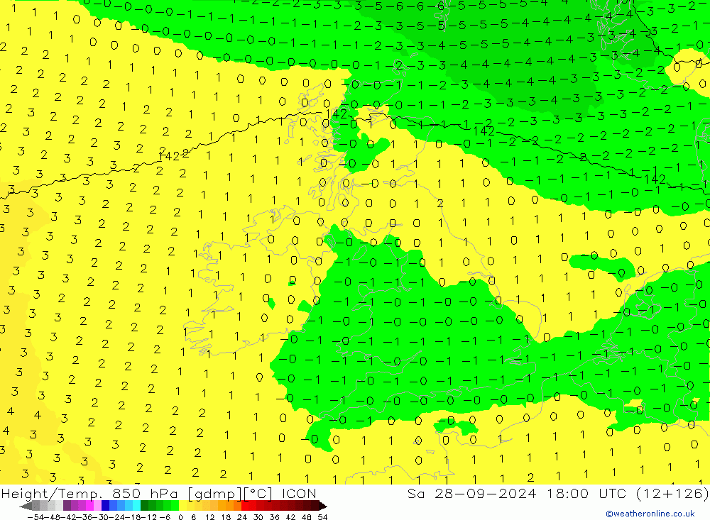 Yükseklik/Sıc. 850 hPa ICON Cts 28.09.2024 18 UTC