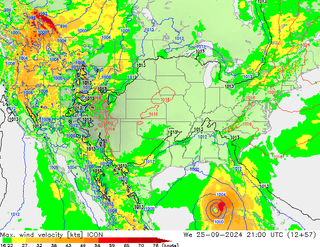 Max. wind velocity ICON We 25.09.2024 21 UTC