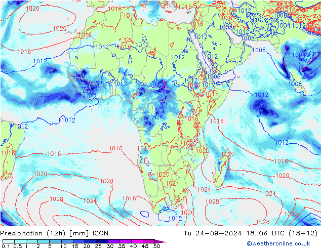 Precipitation (12h) ICON Út 24.09.2024 06 UTC