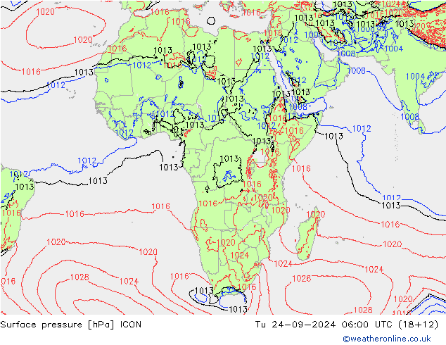 Surface pressure ICON Tu 24.09.2024 06 UTC