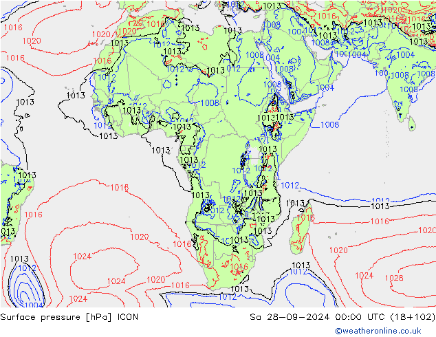 Presión superficial ICON sáb 28.09.2024 00 UTC