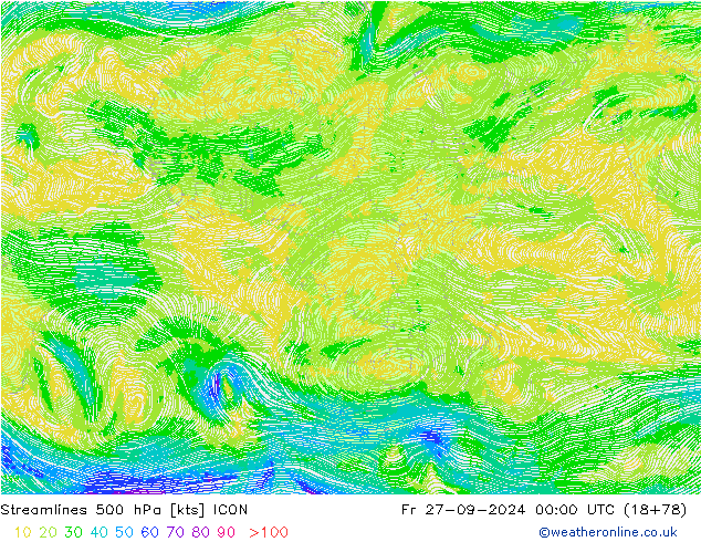 Linia prądu 500 hPa ICON pt. 27.09.2024 00 UTC