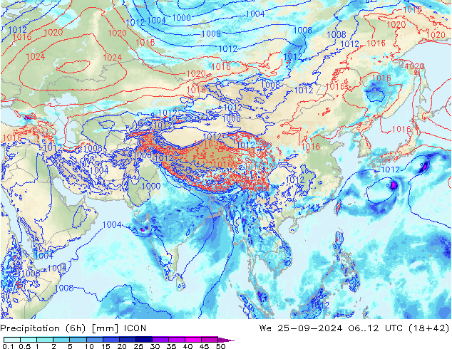 Totale neerslag (6h) ICON wo 25.09.2024 12 UTC