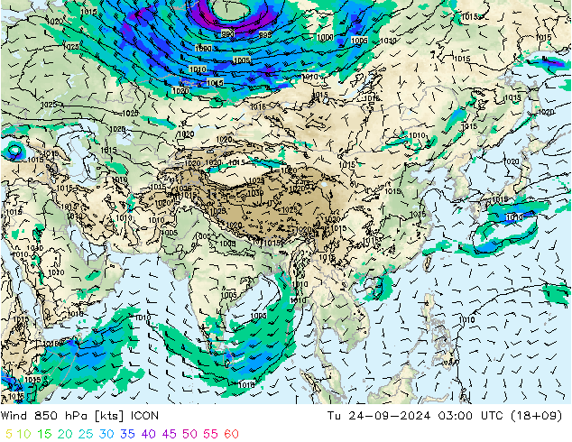 Vent 850 hPa ICON mar 24.09.2024 03 UTC