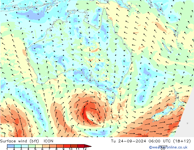 Vent 10 m (bft) ICON mar 24.09.2024 06 UTC