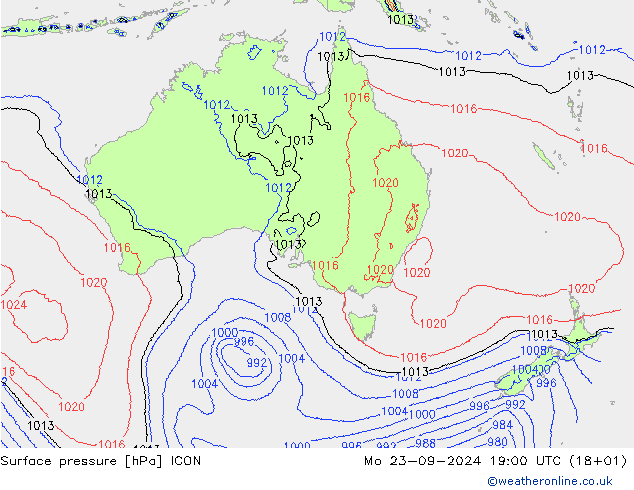 Atmosférický tlak ICON Po 23.09.2024 19 UTC