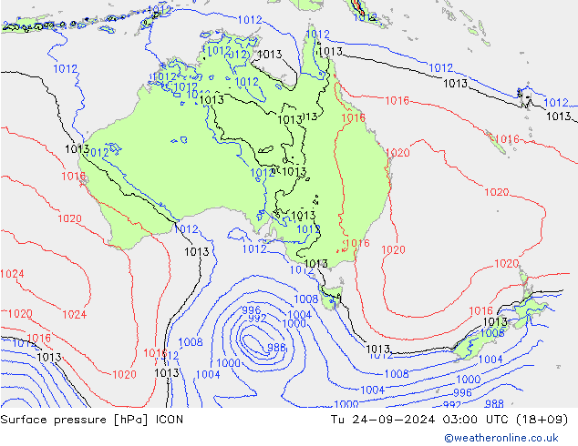 Surface pressure ICON Tu 24.09.2024 03 UTC