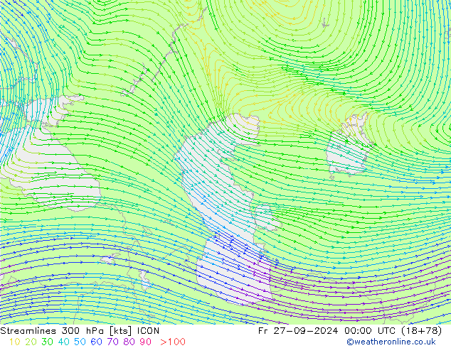 Streamlines 300 hPa ICON Fr 27.09.2024 00 UTC